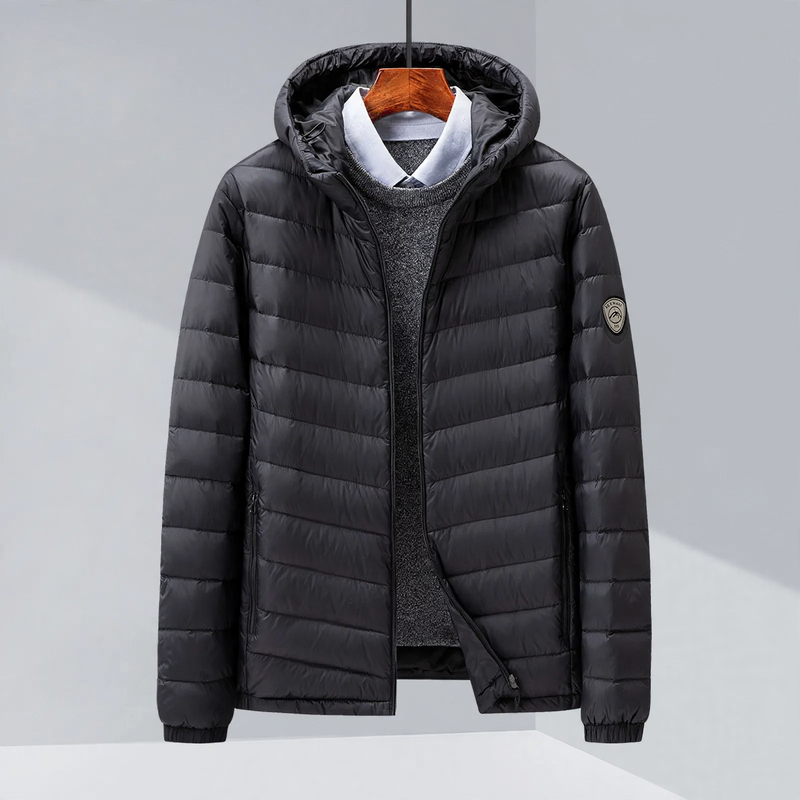 Light men's down jacket, hood or stand-up collar