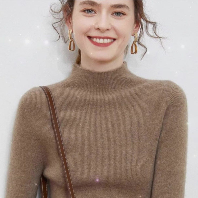Women's knitted pullover with stand-up collar, slim fit
