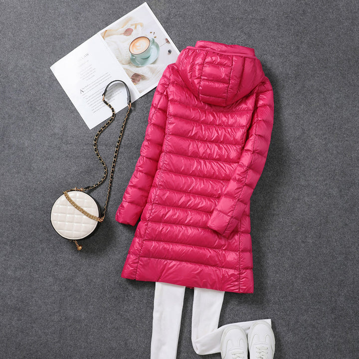 Women's down coat, mid-length, with removable hood
