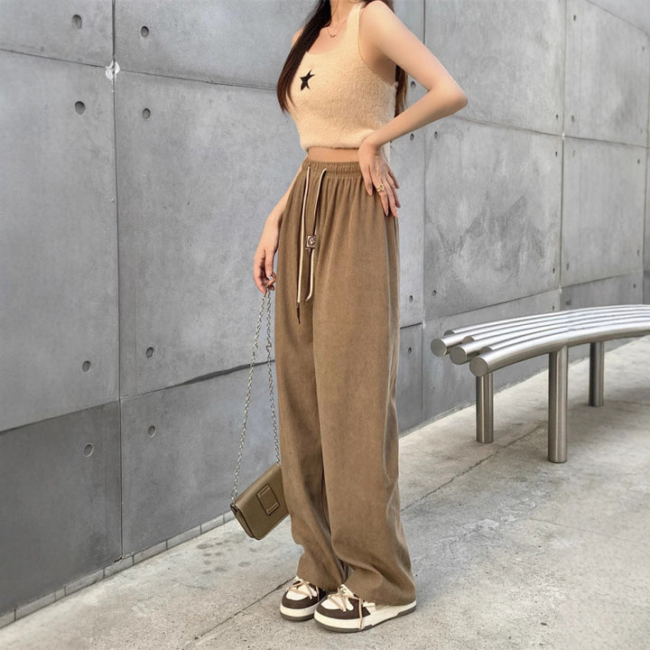 Cord Wide Pants with Drawstring and High Waist