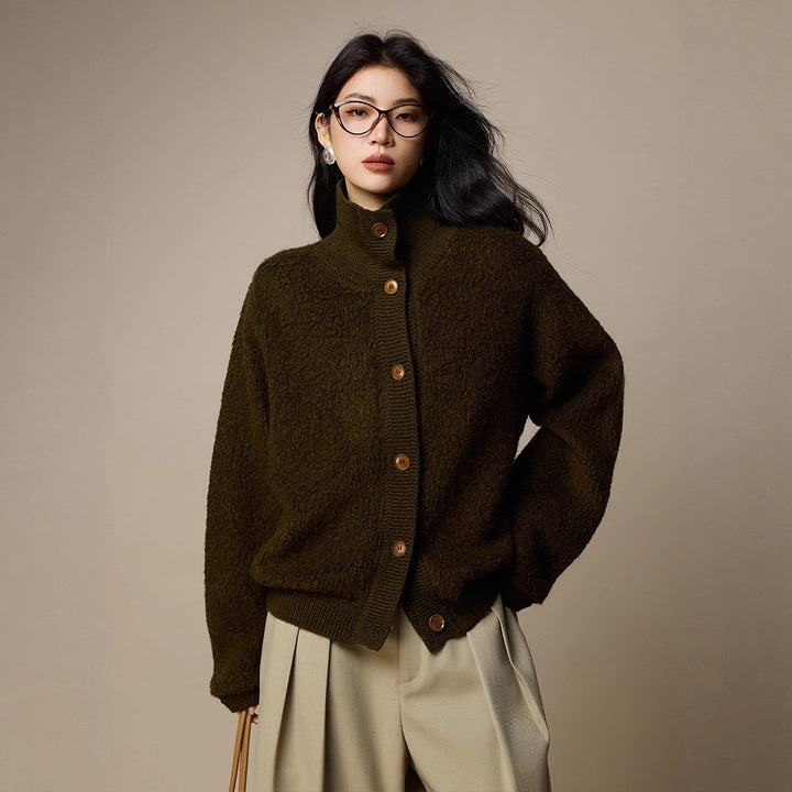 Women's wool cardigan, high-necked