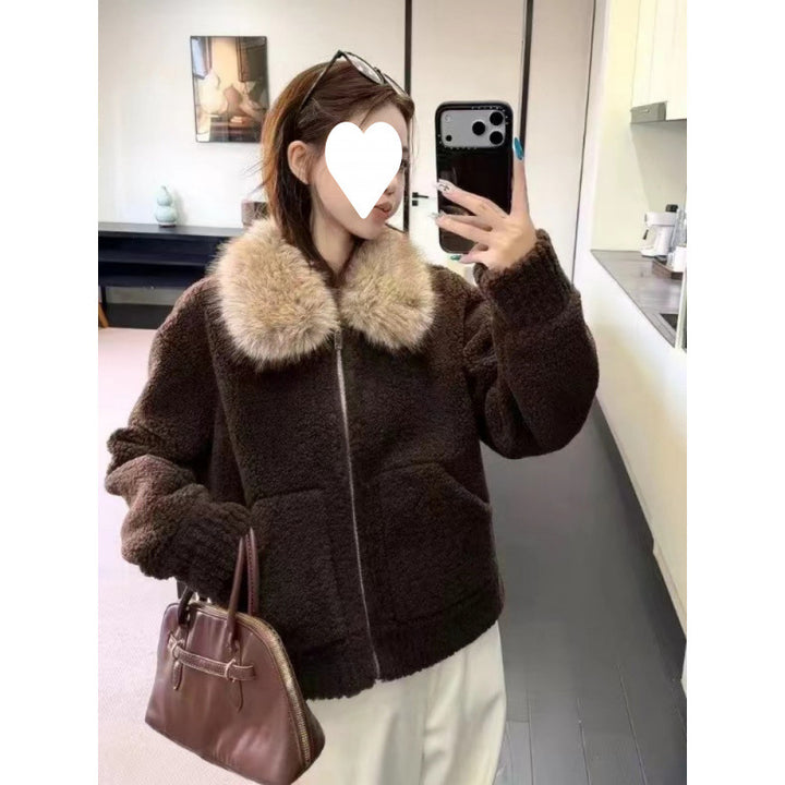 Women's shearling imitation jacket with collar