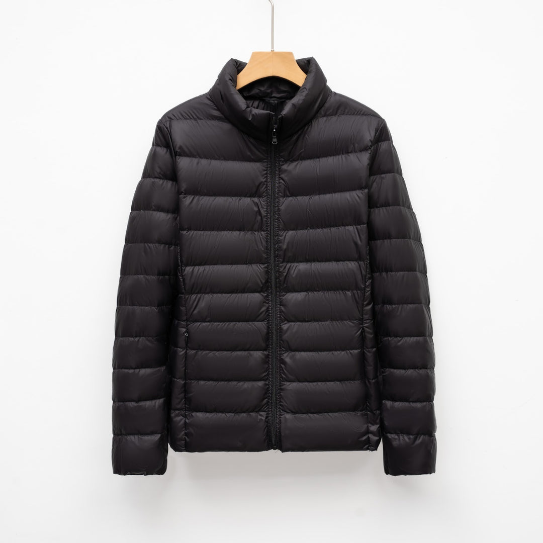 Light women's down jacket, stand-up collar, slim fit