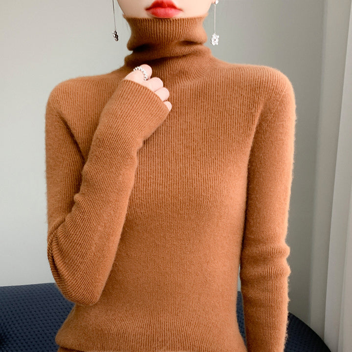 Women's knitted pullover with stand-up collar, fitted