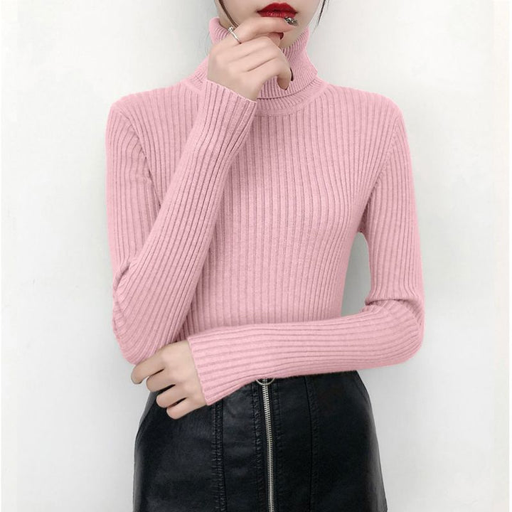 Women's knitted pullover with roll neck, fitted