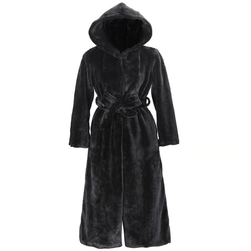 Long women's faux fur coat with hood, lined
