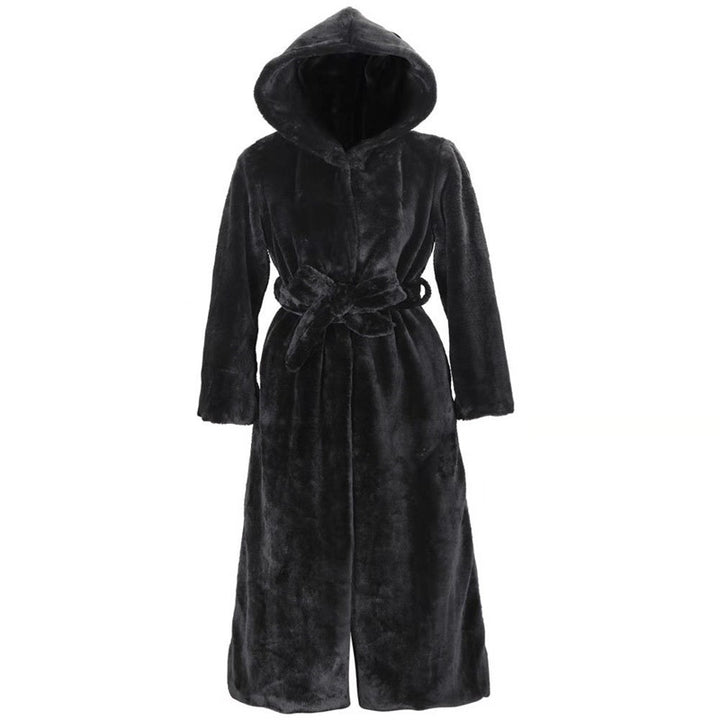 Long women's faux fur coat with hood, lined