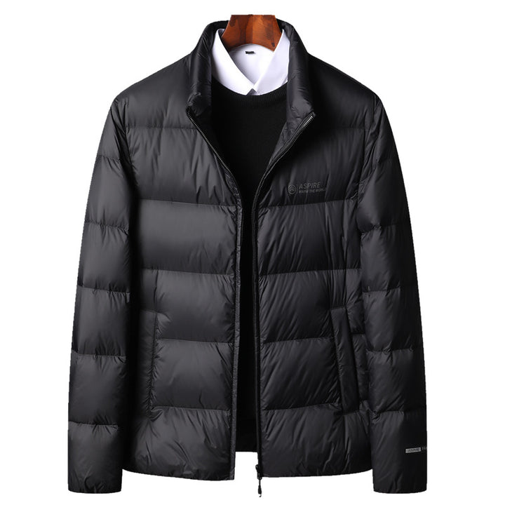 Warm men's down jacket with hood