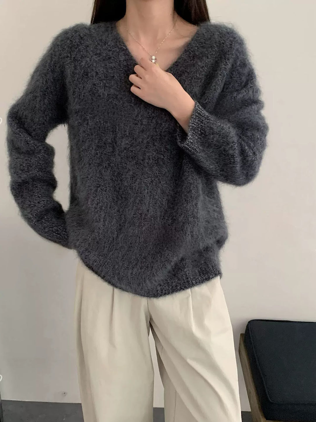 Ladies V-neck Sweater, Wool-Cashmere, Brushed