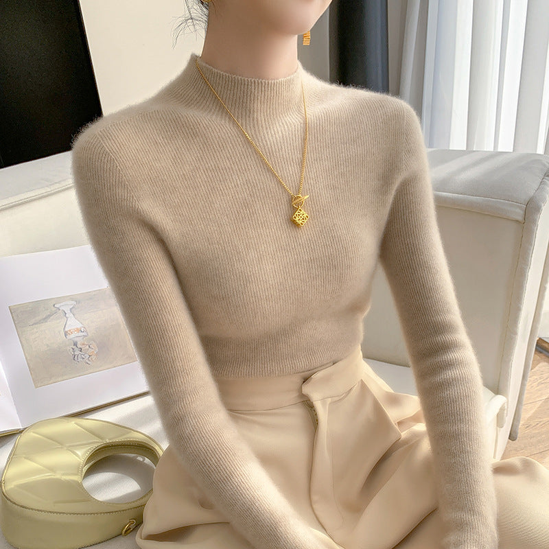 Women's cashmere sweater, stand-up collar, slim fit