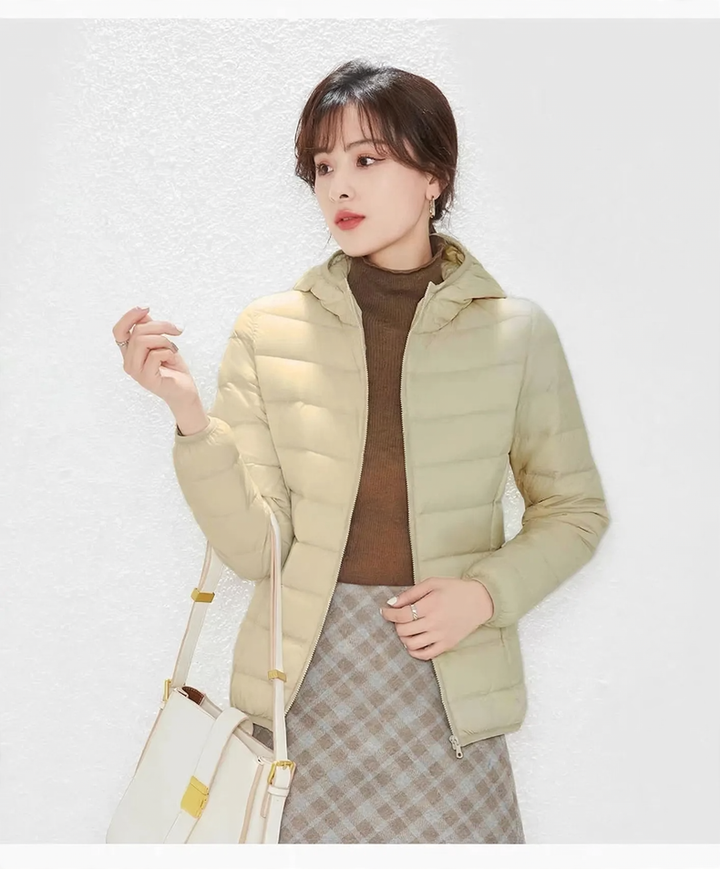 Light women's down jacket with stand-up collar