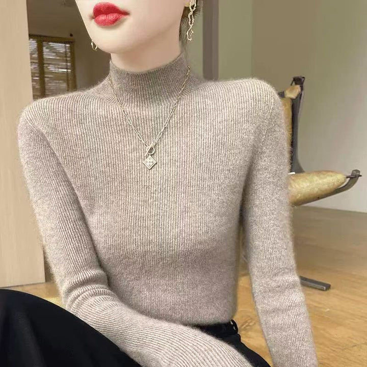 Women's Wool Knit Sweater, Stand-Up Collar, Slim Fit