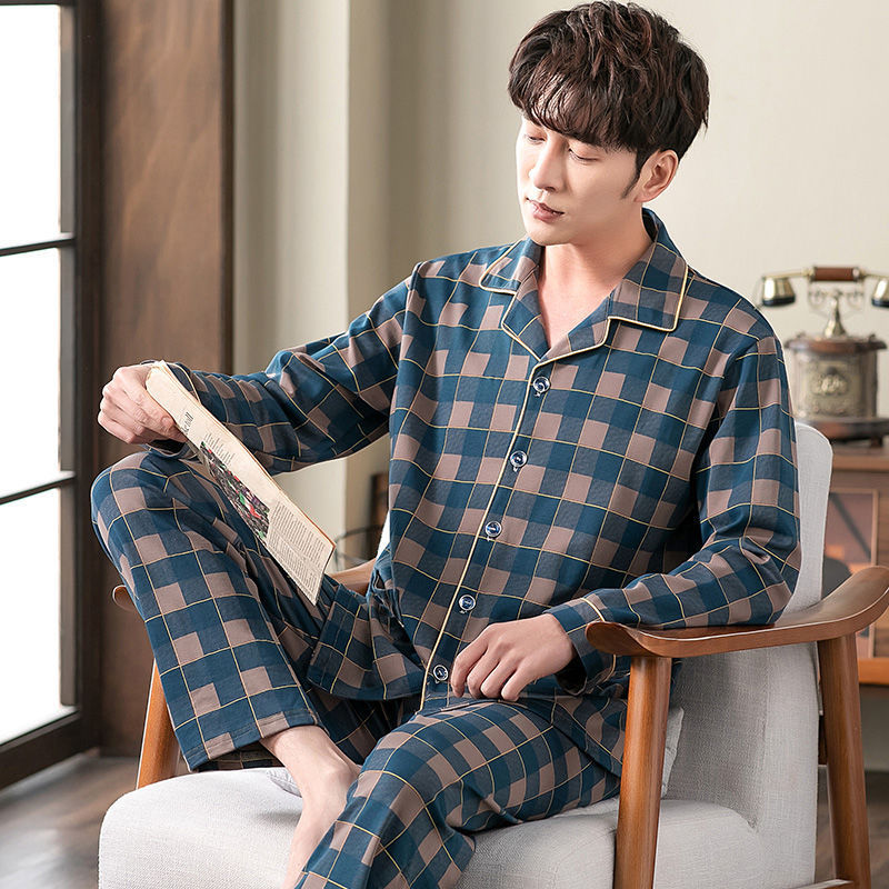 Men's pajama set made of 100% cotton, long-sleeved