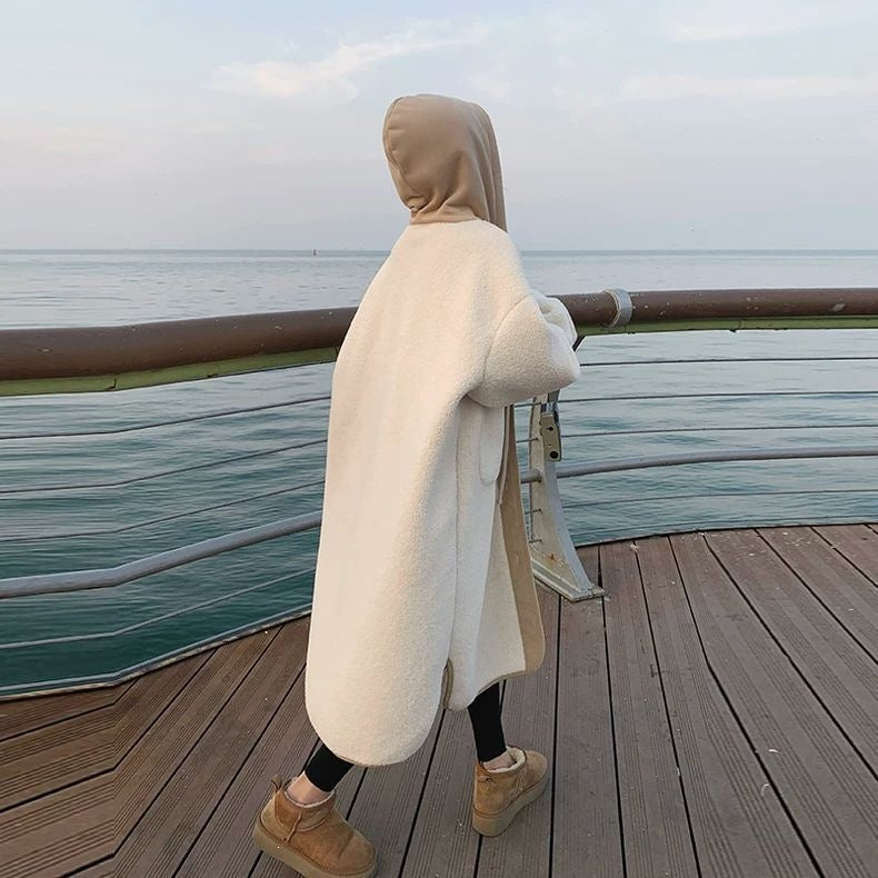 Women's lamb fleece coat with hood, medium length, warm