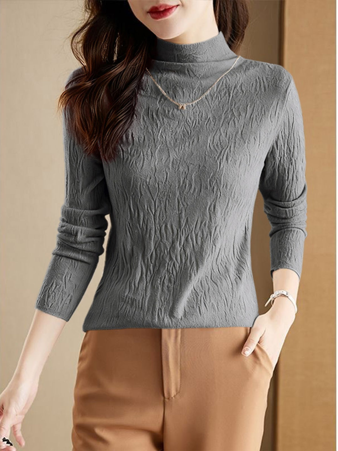 Women's wool sweater with stand-up collar, textured