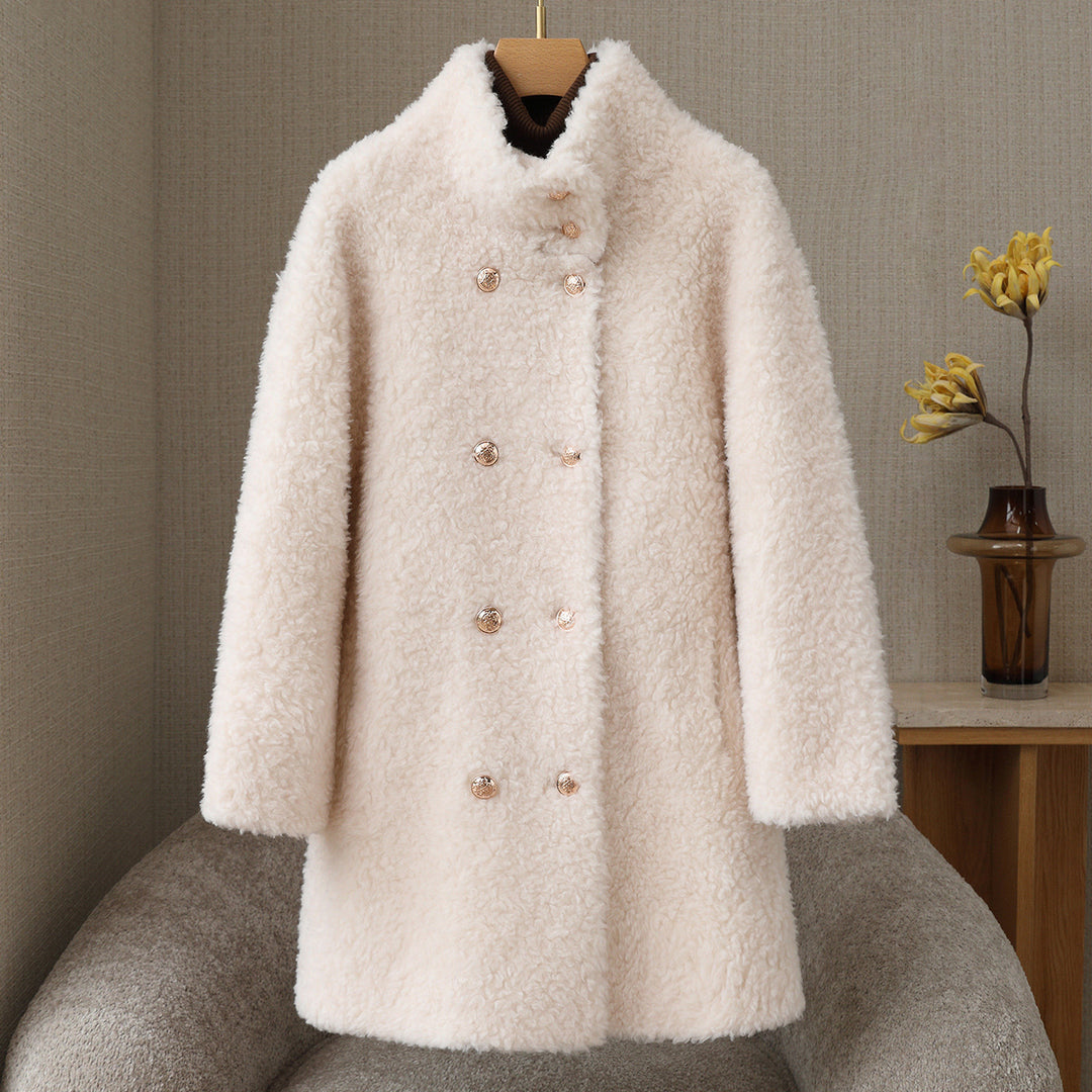 Women's wool coat with stand-up collar and double-breasted button placket