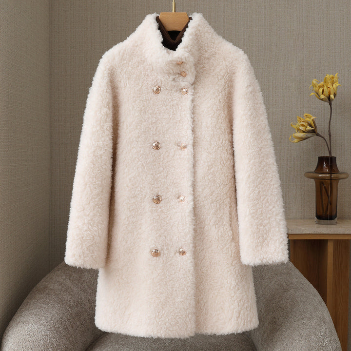 Women's wool coat with stand-up collar and double-breasted button placket