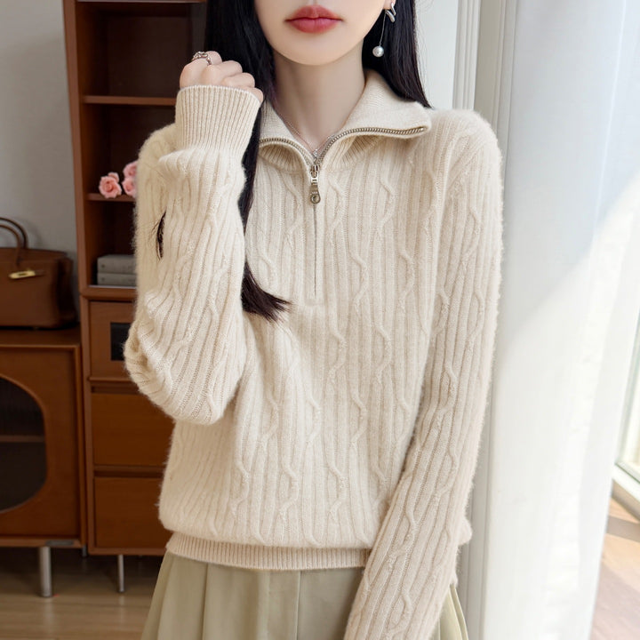 Women's wool pullover with zipper and cable pattern