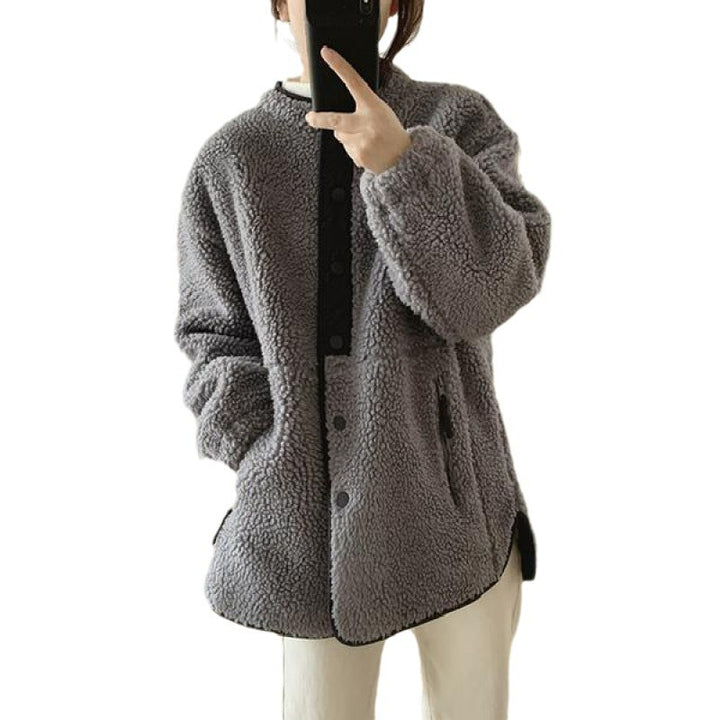 Women's lambskin imitation jacket, stand-up collar, lined