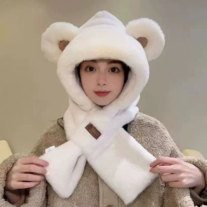 Plush hooded scarf with bear design, lined