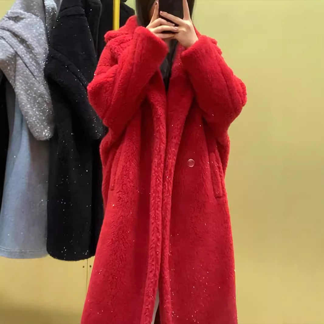 Teddy Coat with Gloss Effect, Mid-Length, Women's