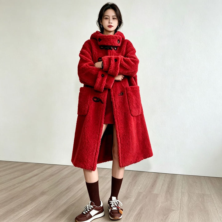 Long lamb fleece imitation coat with hood