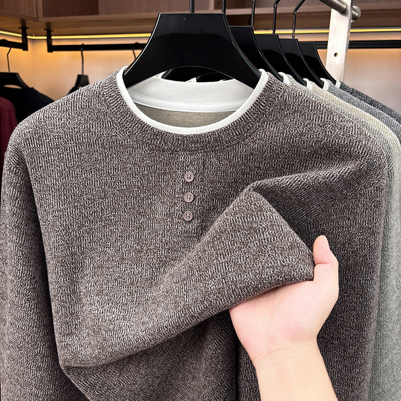 Men's knitted sweater, round neck, long sleeve, fake layer look