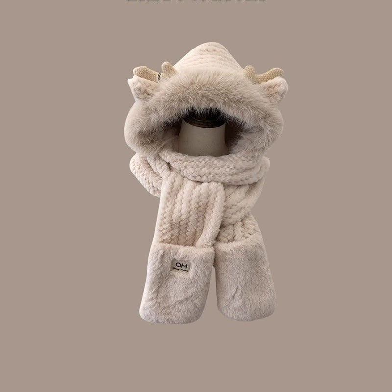 Women's Winter Set: Plush Hooded Hat with Scarf and Gloves