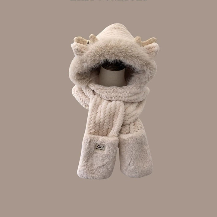Women's Winter Set: Plush Hooded Hat with Scarf and Gloves