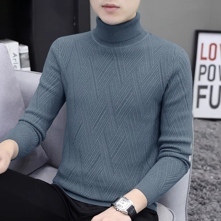 Men's knit pullover with cable pattern and turtleneck