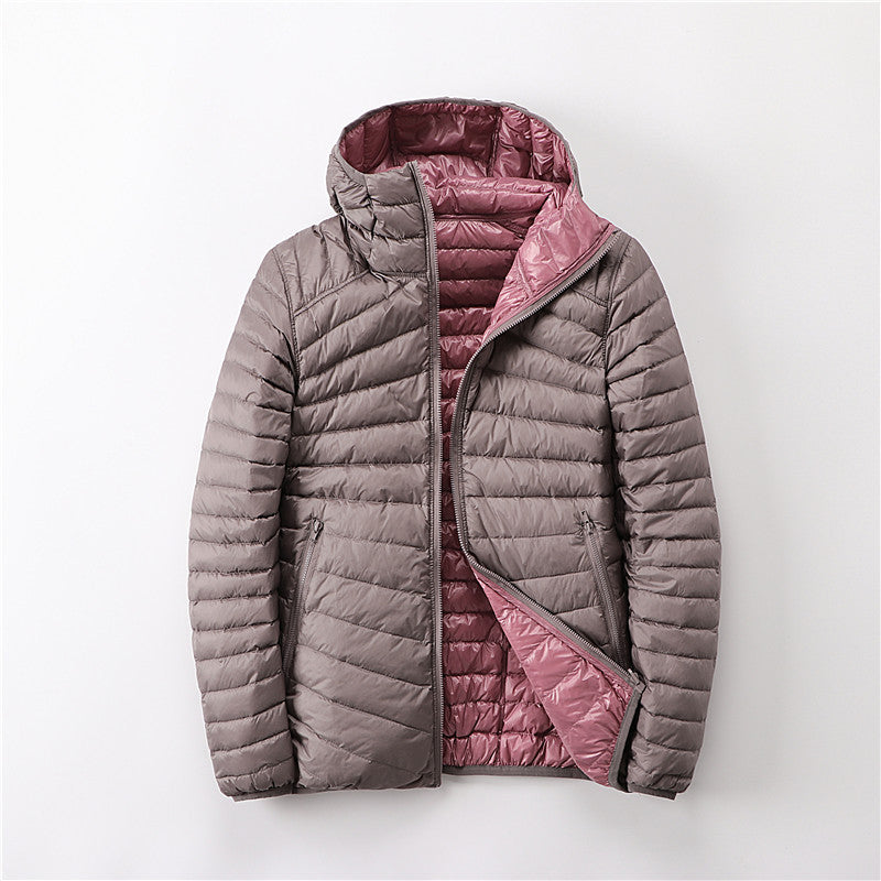 Reversible women's down jacket with hood, lightweight and short