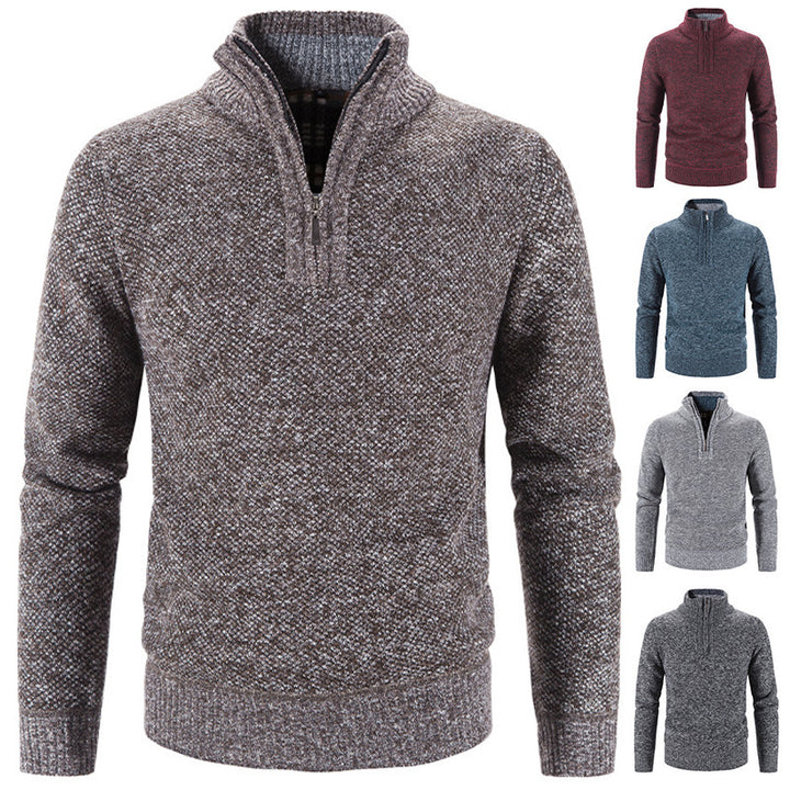 Men's knit sweater with stand-up collar and zipper