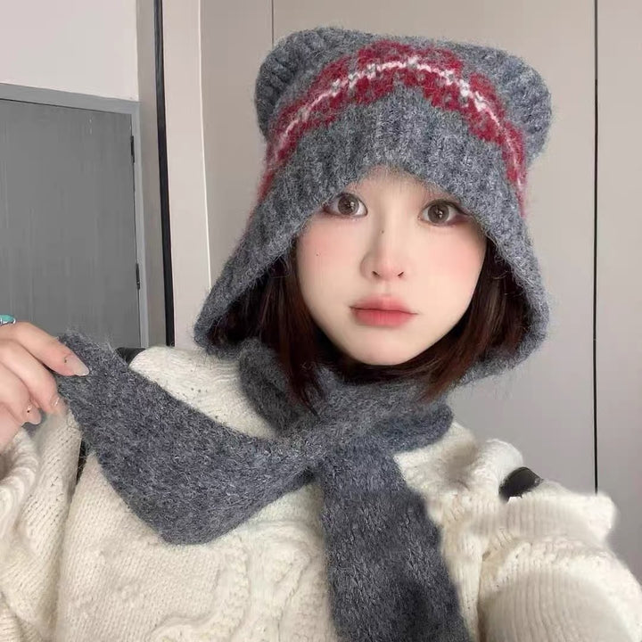 Knit cap with scarf, bear design, women, winter