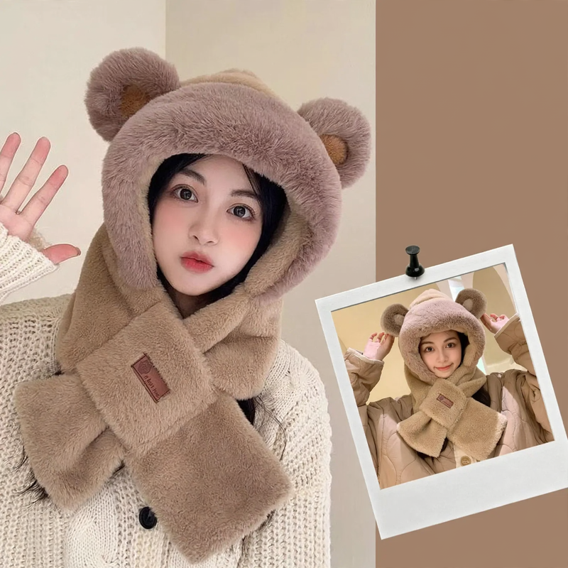 Women's plush hat with bear ears and scarf set