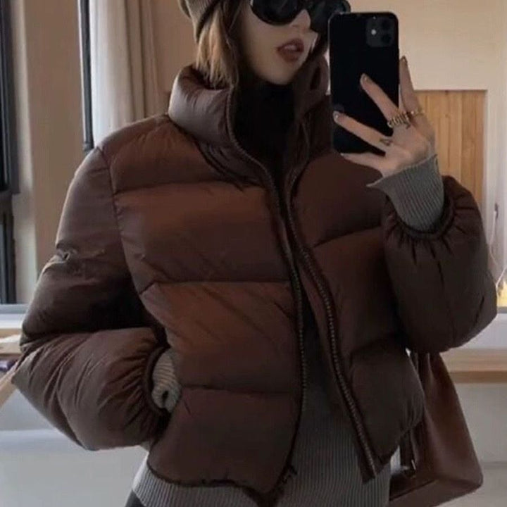 Women’s down jacket, short, white duck down, stand-up collar