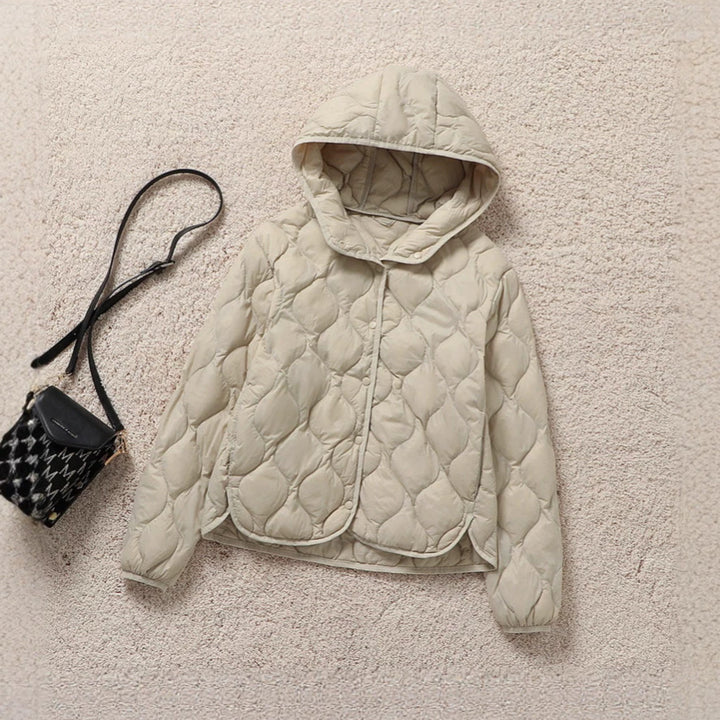 Light women's down jacket, short, with hood