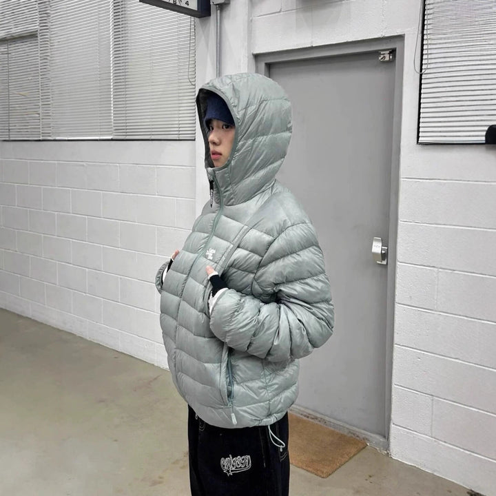 Light down jacket with hood, 90% grey duck down