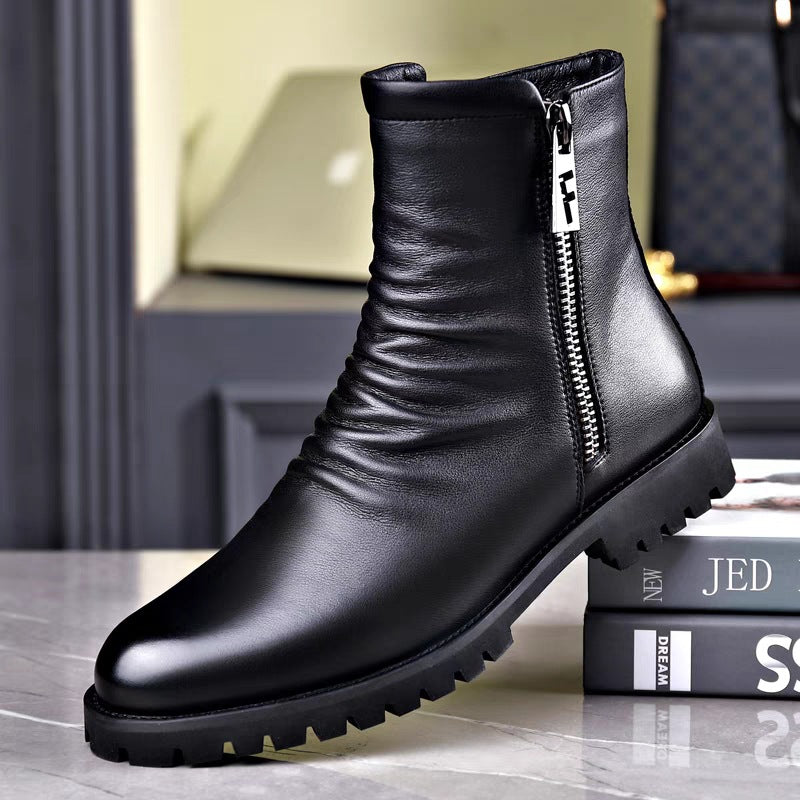 Men's leather boots, British style, with zipper