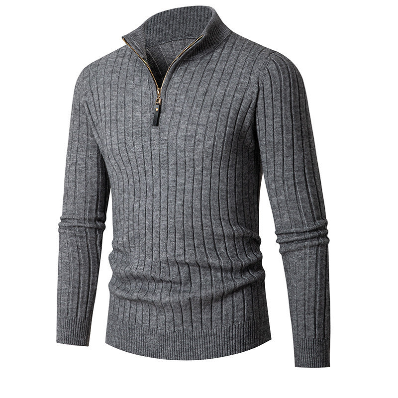 Men's knit sweater with zip and half-rolled collar