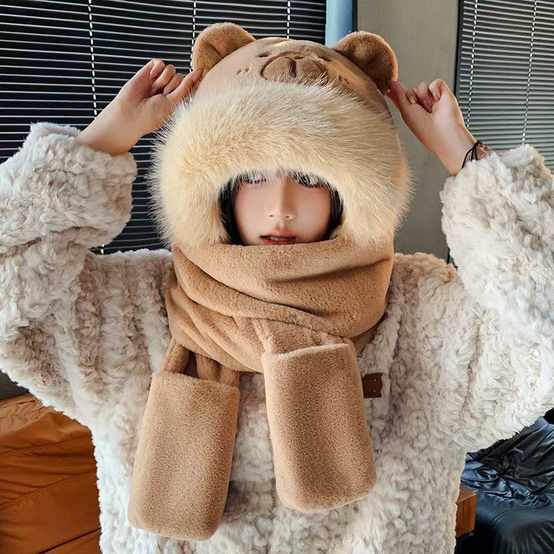 Plush hooded scarf with animal design, lined