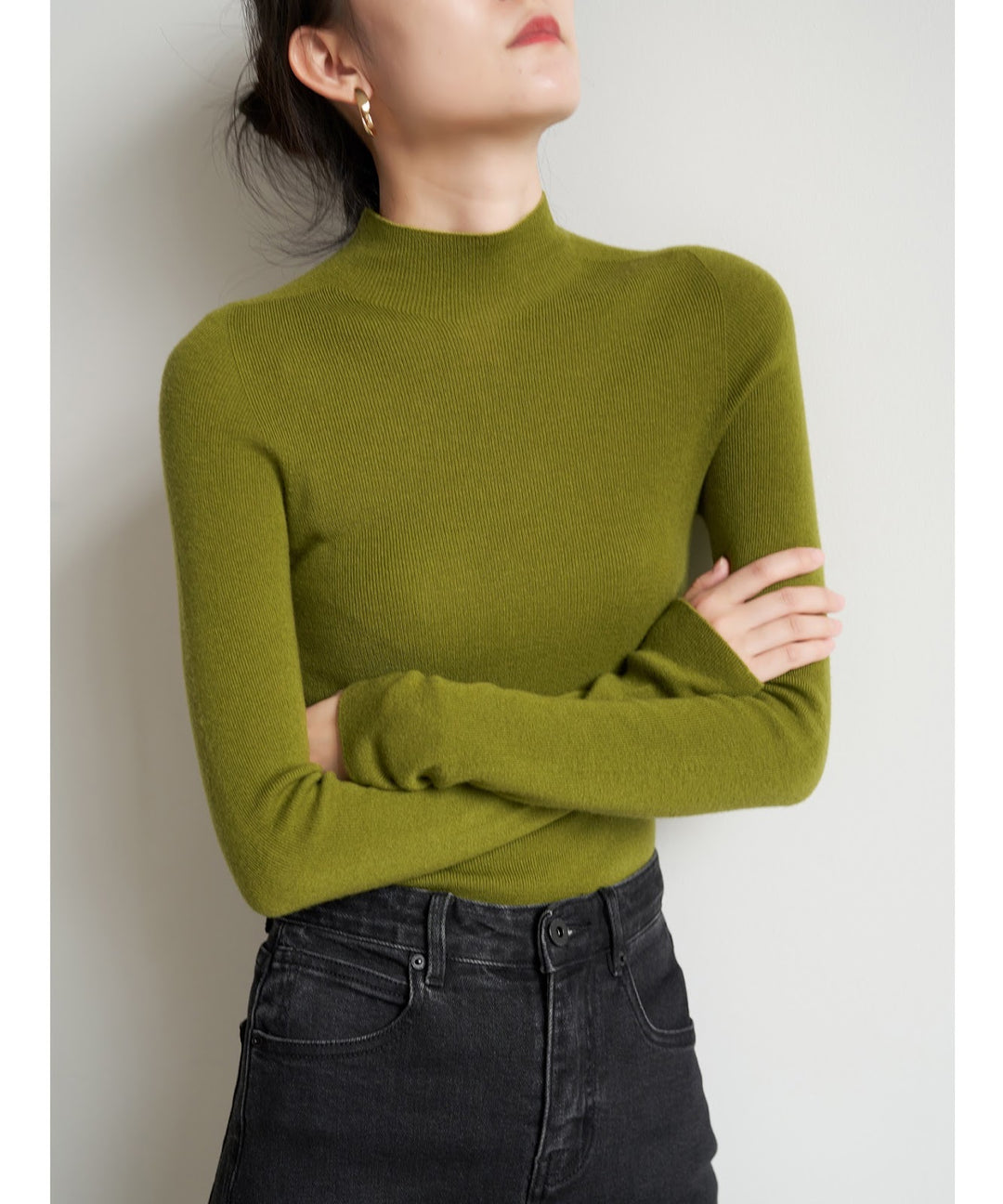 Women's wool knit sweater with stand-up collar
