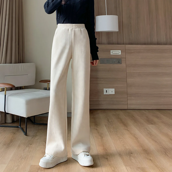 Fleece-lined cord wide pants for women, straight cut