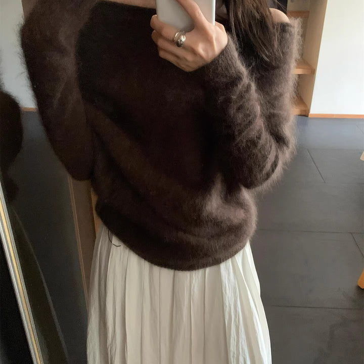Women’s knit sweater with off-the-shoulder neckline, loose