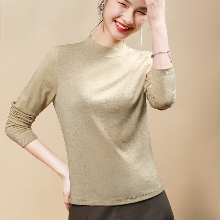 Women’s long-sleeve shirt made of wool blend with stand-up collar
