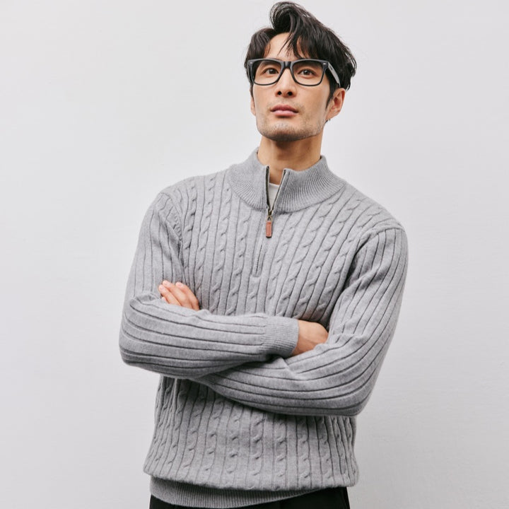 Men's knit sweater with stand-up collar and zipper