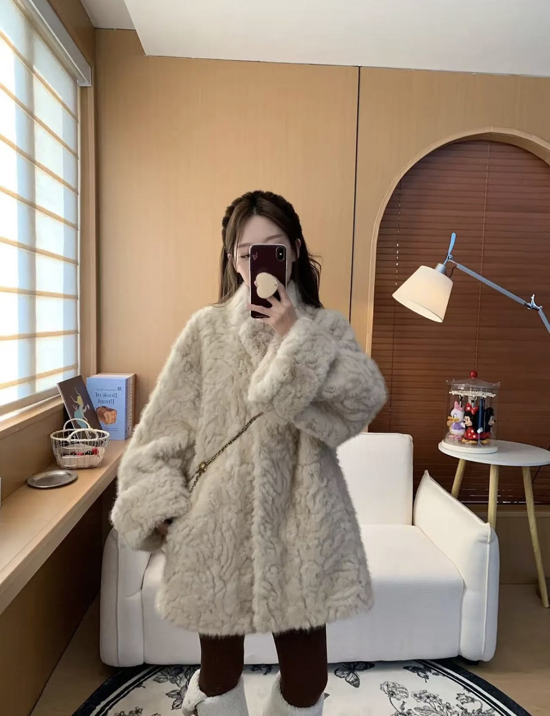 Women's coat in lambskin look with stand-up collar
