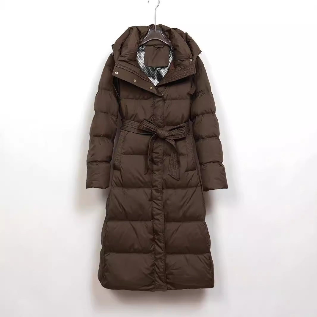 Long down coat with hood, tailored, knee-length