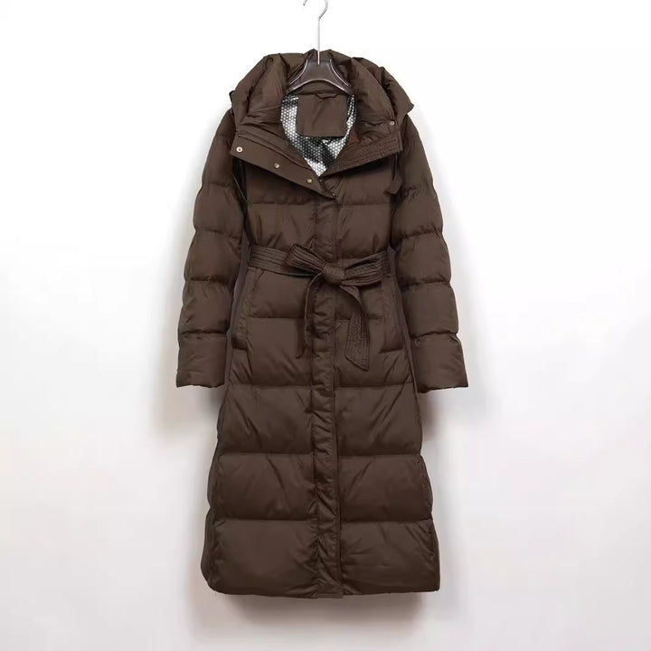 Long down coat with hood, tailored, knee-length
