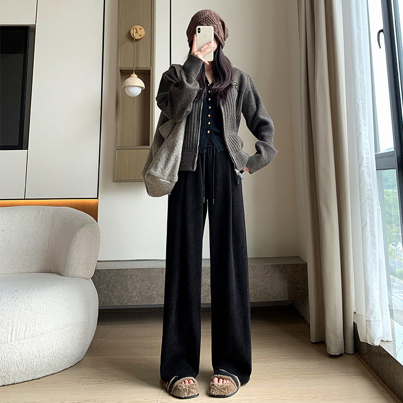 Women's corduroy pants with drawstring and high waistband
