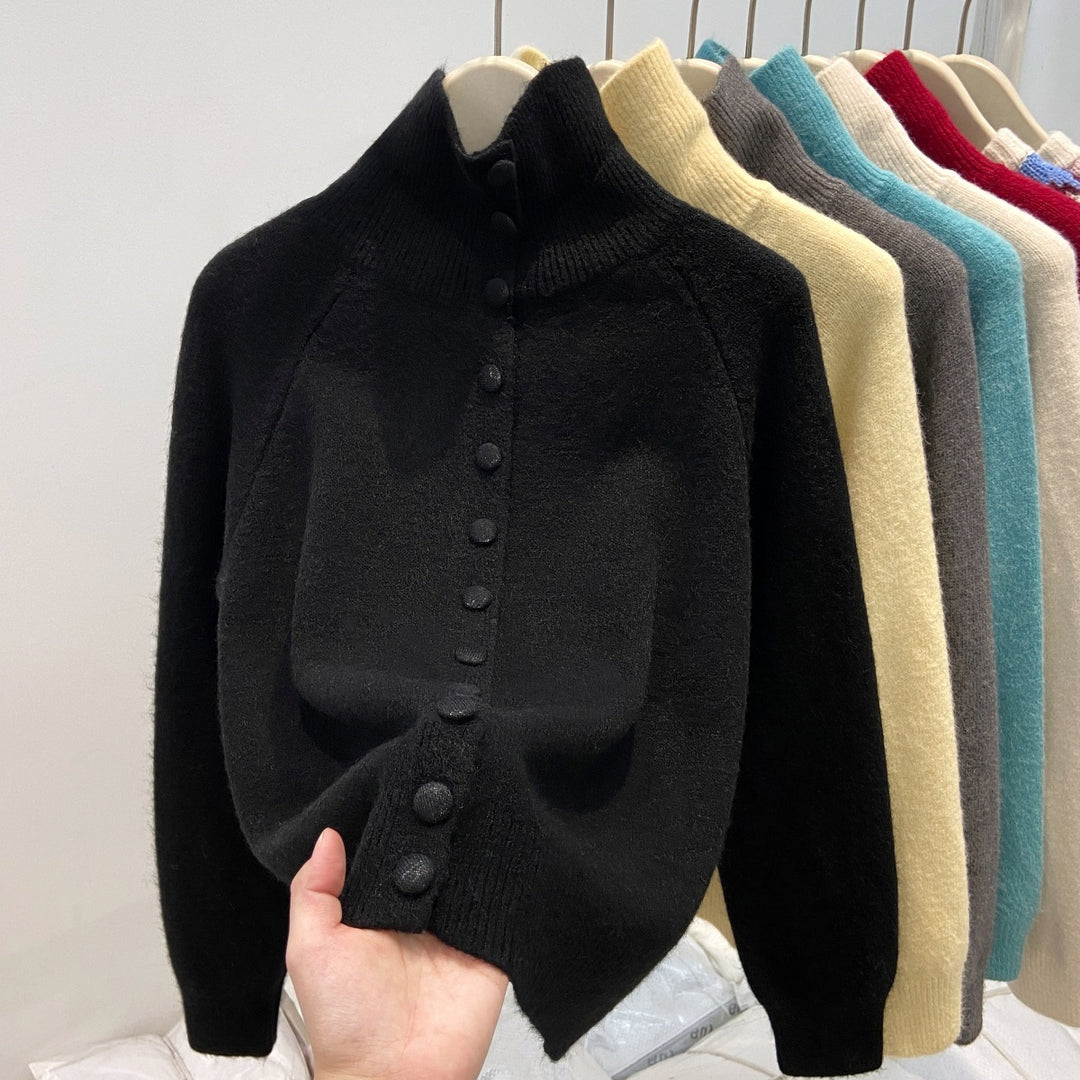 Ladies' cardigan with standing collar and button placket